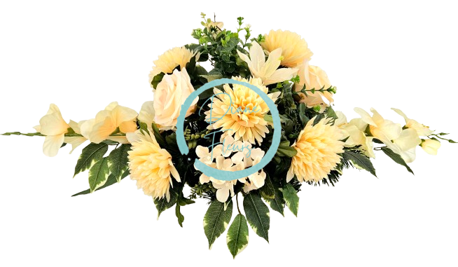 Big sympathy arrangement made of artificial Chrysanthemums, Roses, Gladiolus and Accessories 85cm x 45cm x 28cm