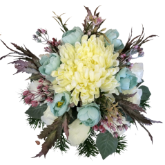 Kompozycja żałobna sztuczne róże, piwonie, chryzantema i dodatki Ø 30cm x 20cm