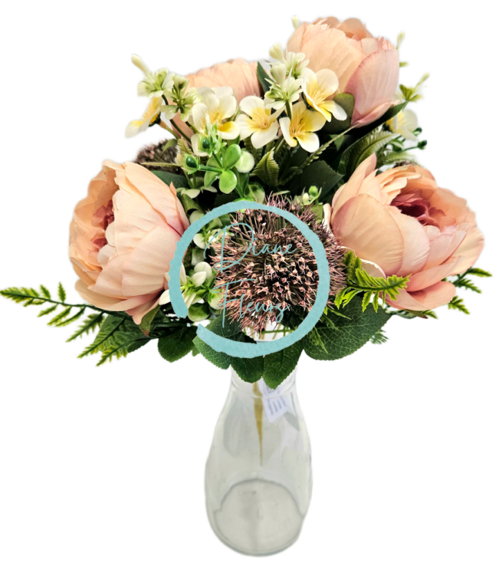 Künstlicher Strauß aus Pfingstrosen, Disteln, Farnen und Accessoires, 50cm rosa