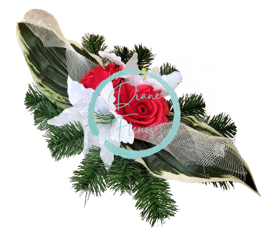 Sympathy arrangement made of artificial Roses, Lilies and Accessories 50cm x 27cm x 16cm