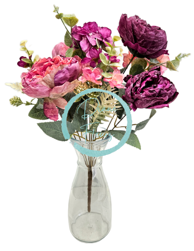 Изкуствен букет от божури, хортензии и аксесоари 42 см лилаво