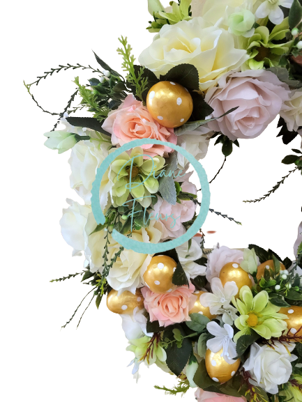 Luxusní proutěný věnec s velikonočními vajíčky ozdobený umělými růžemi, kopretinami a doplňky Ø 42cm x 59cm