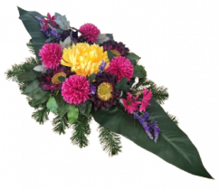Sympathy arrangement made of artificial Chrysanthemums, Sunflowers, Wildflowers and Accessories 80cm x 35cm x 20cm