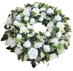 Temetési fenyőkoszorú Exkluzív hortenzia, rózsák, krizantém, százszorszépek, clematis és kiegészítők 80cm