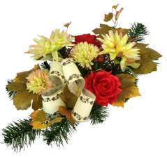Trauergesteck aus künstliche Chrysanthemen, Rosen und Zubehör 48cm x 28cm x 20cm