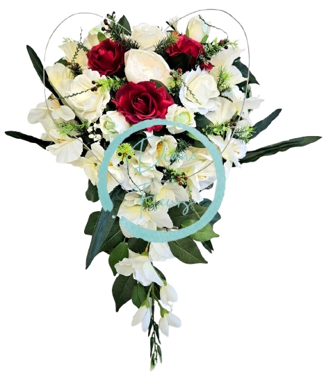 Luxusný aranžmán v tvare srdca umelé ruže, gladioly, pivonka a doplnky 48cm x 60cm x 20cm