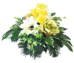 Smútočný aranžmán betonka umelé ruže, narcis, clematis & doplnky Ø 25cm x 23cm