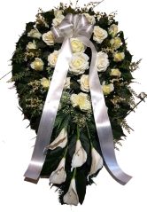 Nádherný smuteční věnec s umělými růžemi a kalami 100cm x 60cm krémová, zelená