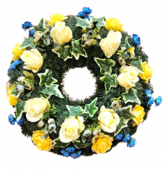 Coroană funerară cu trandafiri artificiali și florile de colt Ø 60cm