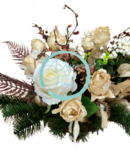 Sympathy arrangement made of artificial Roses, Fern, Berries, Christmas balls and Accessories 75cm x 50cm x 38cm