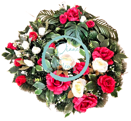 Temetési fenyőkoszorú Exkluzív rózsák, bazsarózsa, monstera és kiegészítők 70cm x 80cm