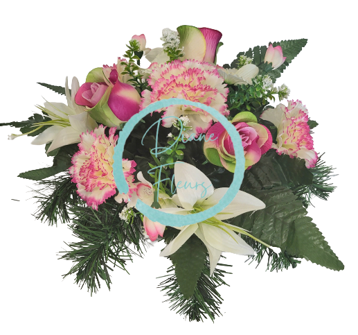 Díszített betontál fenyőből mesterséges szegfű, rózsa, orchidea, liliomok és kiegészítők Ø 30cm x 20cm