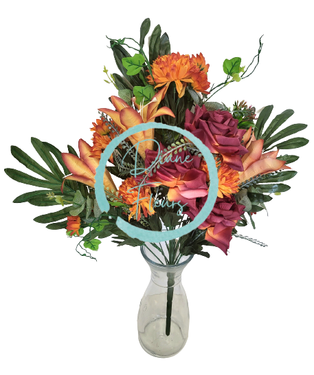 Luxusná umelá kytica chryzantémy, ruže, ľalie s prízdobami 54cm vínová, oranžová