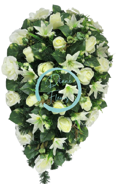 Wianek żałobny ze sztucznymi różami i liliami 100cm x 60cm kremowy, zielony