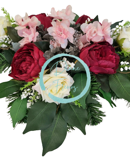 Sympathy arrangement made of artificial Peonies, Roses and Accessories 65cm x 38cm x 23cm