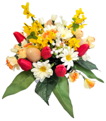 Aranžmán v plechovom kvetináči umelé tulipány, margaréty, zlatý dážď, veľkonočné vajíčka a doplnky Ø 43cm
