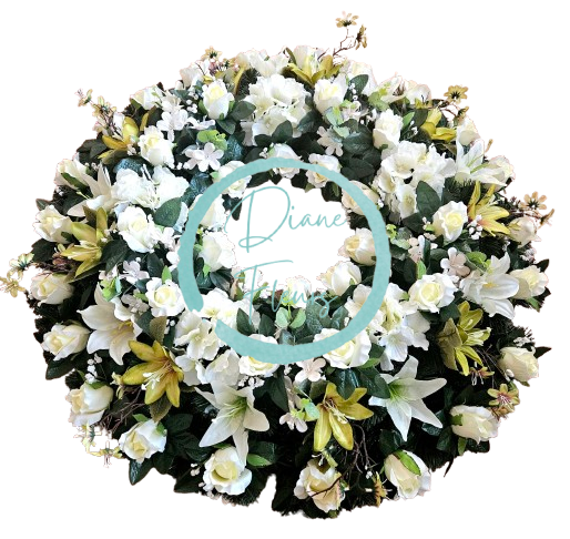 Coroana mare cu trandafiri, crini artificiali, hortensii și accesorii Ø 85cm