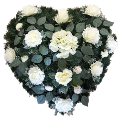 Smútočný veniec "Srdce" z umelých ruží, hortenzií a doplnky 65cm x 65cm krémový, zelený