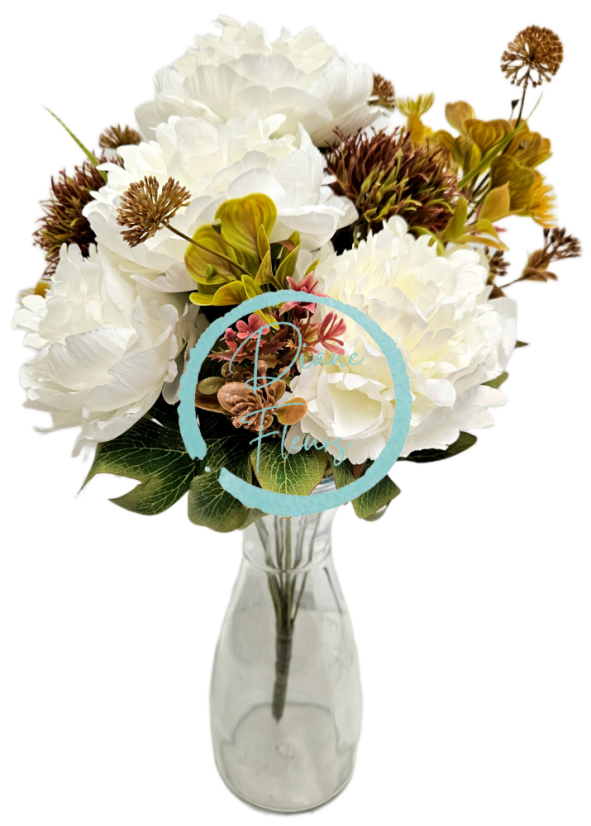 Piękny sztuczny bukiet dalii z dodatkami 46cm kremowy