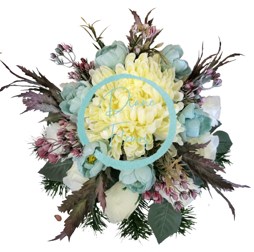 Smútočný aranžmán betonka umelé ruže, pivonky, chryzantémy a doplnky Ø 30cm x 20cm