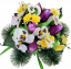 Trauergesteck aus künstlichen Tulpen, Stiefmütterchen, Narzissen und Accessoires 38cm x 28cm