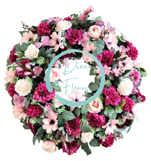 Luxusný smútočný veniec borovicový exclusive pivonky, dálie, clematis, chryzantémy, ruže a doplnky 80cm