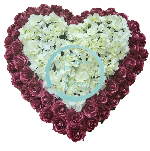 Pogrebni vijenac "Srce" s ružama i hortenzijama 80cm x 80cm bordo, kremasta umjetni