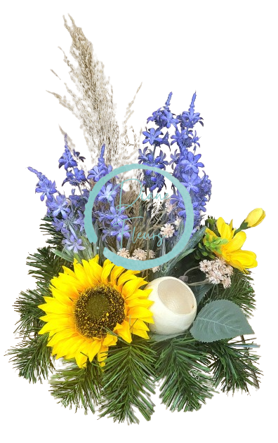Sympathy arrangement made of artificial Sunflower, Marguerites, Lavender and Accessories 26cm x 22cm x 38cm