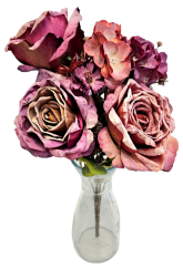 Изкуствен букет от рози, хортензии и аксесоари 44 см лилави