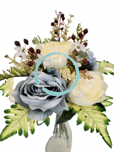 Viazaná kytica Exclusive ruže, peónie pivonky a doplnky 38cm umelá