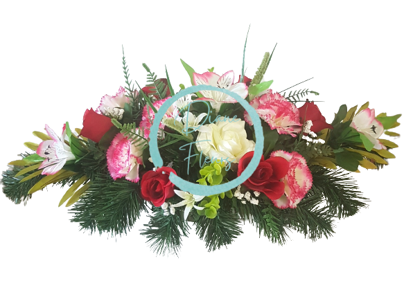 Aranjament pentru cimitir de lux de trandafiri artificiali, garoafe si accesorii 60cm x 30cm x 25cm