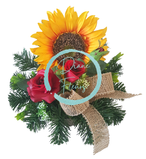Smuteční aranžmán betonka exclusive umělá slunečnice, růžičky a doplňky 28cm x 28cm AS411