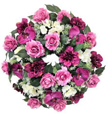 Coroană artificială de pin de lux Decorată exclusiv cu dalii, trandafiri, orhidee și accesorii 65cm