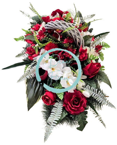 Luxusný smútočný veniec borovicový exclusive ruže, gladioly, margarétky, prútený veniec 75cm x 45cm