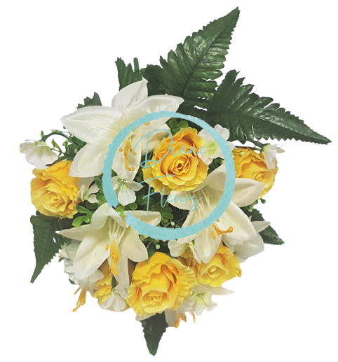 Künstliche Ein Strauß aus Rosen&Lilien "13" gelbe & weiß (32cm)