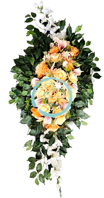 Smútočný veniec esíčko umelé ruže, kaly, gladioly a doplnky 130cm x 65cm