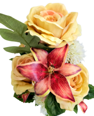 Buchet artificial exclusiv Trandafiri, Crini, Ciulin și accesorii x12 54cm x 30cm galben, burgundia