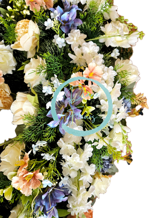 Coroană funerara de pin Inima Exclusiv Bujori artificiali, Trandafiri, Delphinium si Accesorii 100cm x 90cm