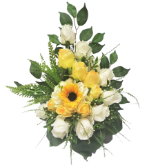 Arrangement - bowl decorated with artificial sunflower and roses 35cm x 25cm x 40cm