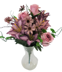 Bukiet róż, lilii i stokrotek 45 cm sztuczny różowo-fioletowy