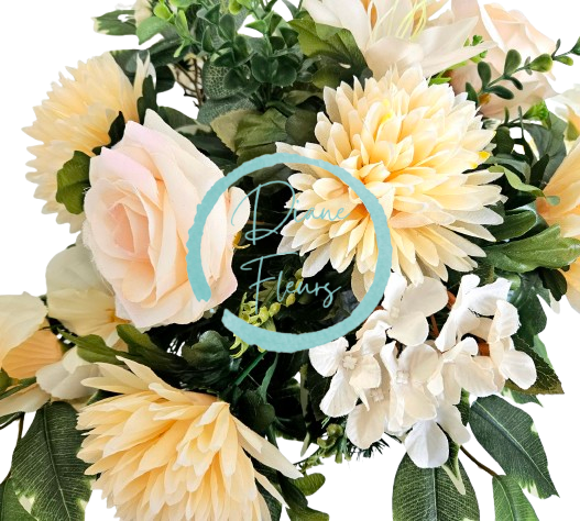 Big sympathy arrangement made of artificial Chrysanthemums, Roses, Gladiolus and Accessories 85cm x 45cm x 28cm