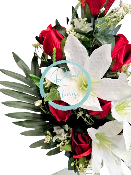 Růže a Lilie kytice x18 červená, krémová 62cm umělá