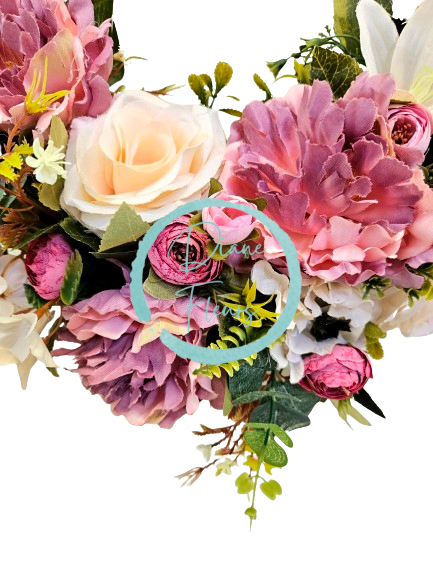 Coroană răchită cu Bujori artificiali, Trandafiri, Ranunculus, Crini și accesorii Ø 35cm