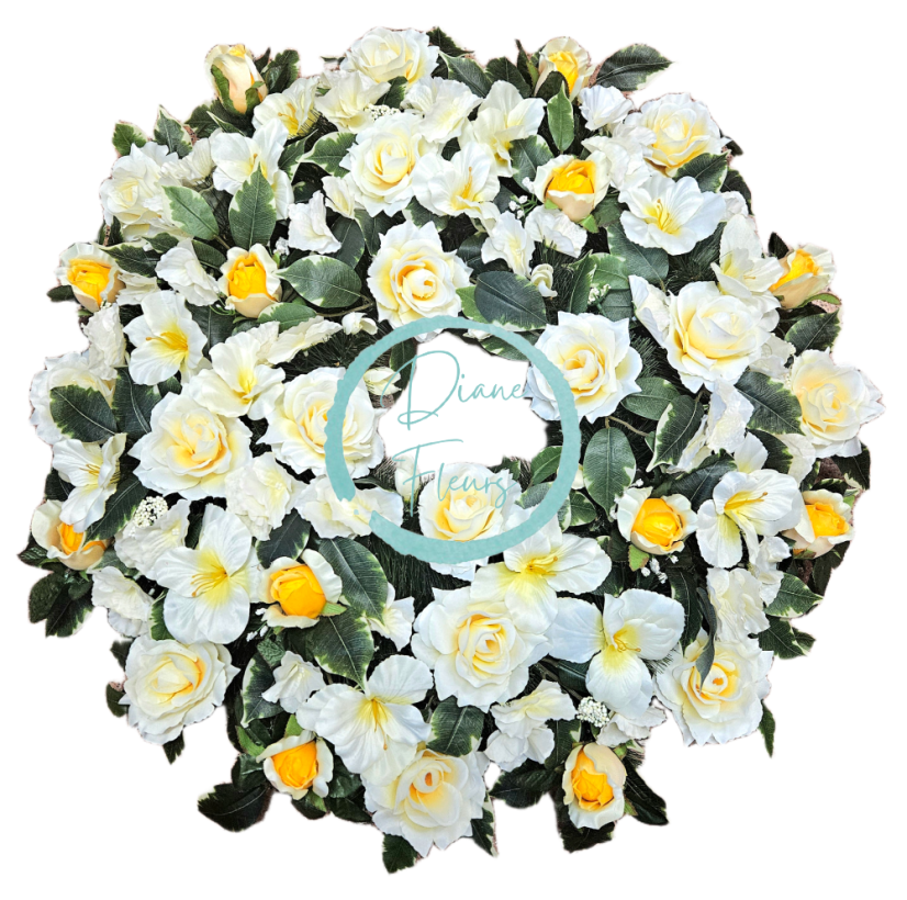 Погребален венец от бор, ексклузивни рози, гладиоли и аксесоари 75 см AS1050