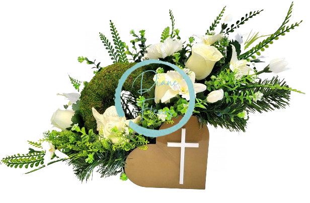 Sympathy arrangement made of artificial Roses, Lilies, Mossy wreath, Angel and Accessories 50cm x 20cm x 25cm