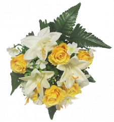 Rózsa és liliom csokor "13" sárga és fehér 32cm művirág