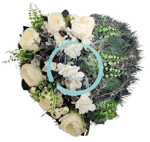 Smútočný veniec "Srdce" umelé pivonky, ranunculus, eukalyptus a doplnky 40cm x 40cm
