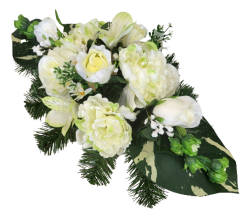 Díszített betontál fenyőből mesterséges rószák, bazsarózsa, alstroemeria és kiegészítők 58cm x 30cm x 22cm