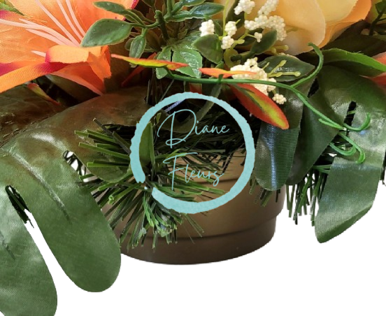 Smútočný aranžmán betonka umelé ruže, gladioly a doplnky 45cm x 22cm x 35cm