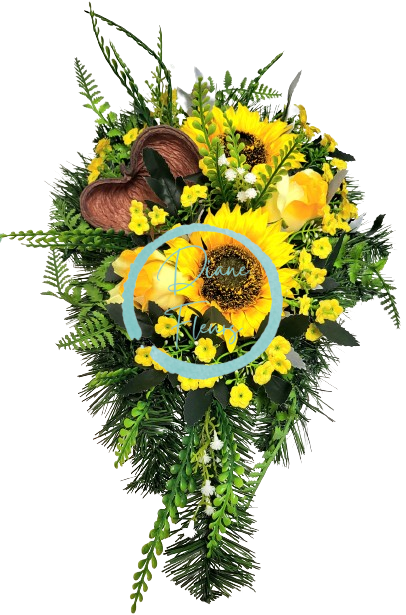 Sympathy arrangement made of artificial Sunflowers, Roses and Accessories 50cm x 28cm x 18cm